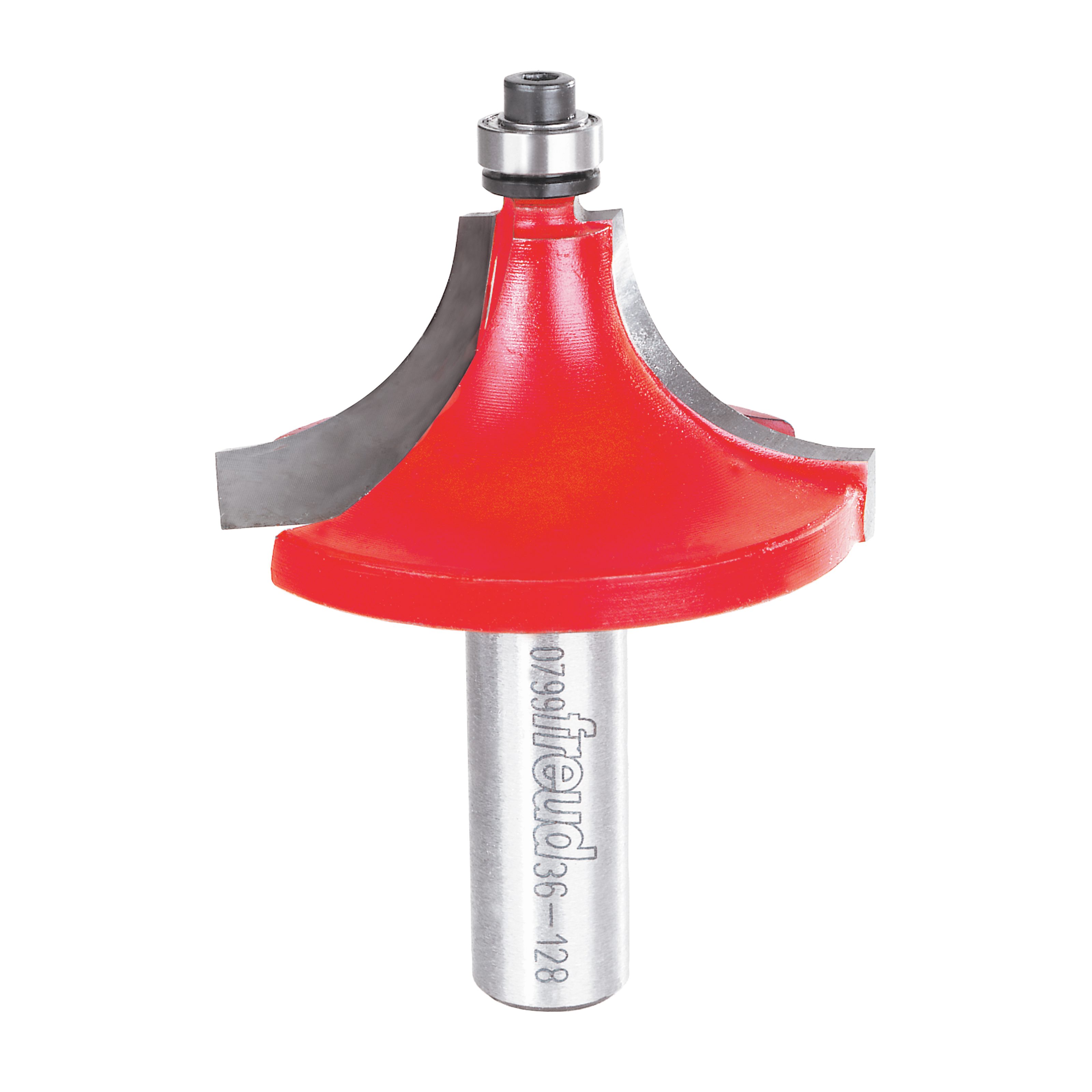 Router bit with red rounded beading head, metal shank, and bearing guide for woodworking edge profiling.