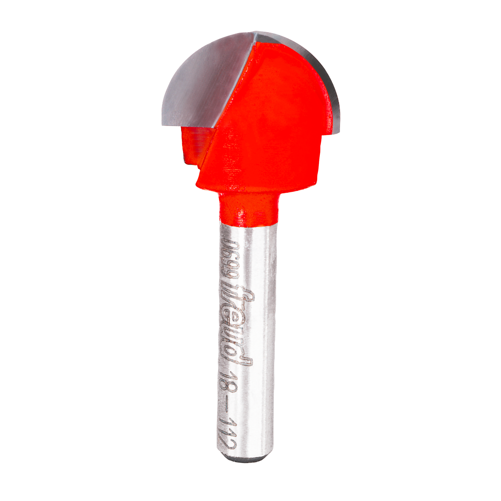 Red and gray round nose router bit with cylindrical shank and Freud branding on metal shaft.