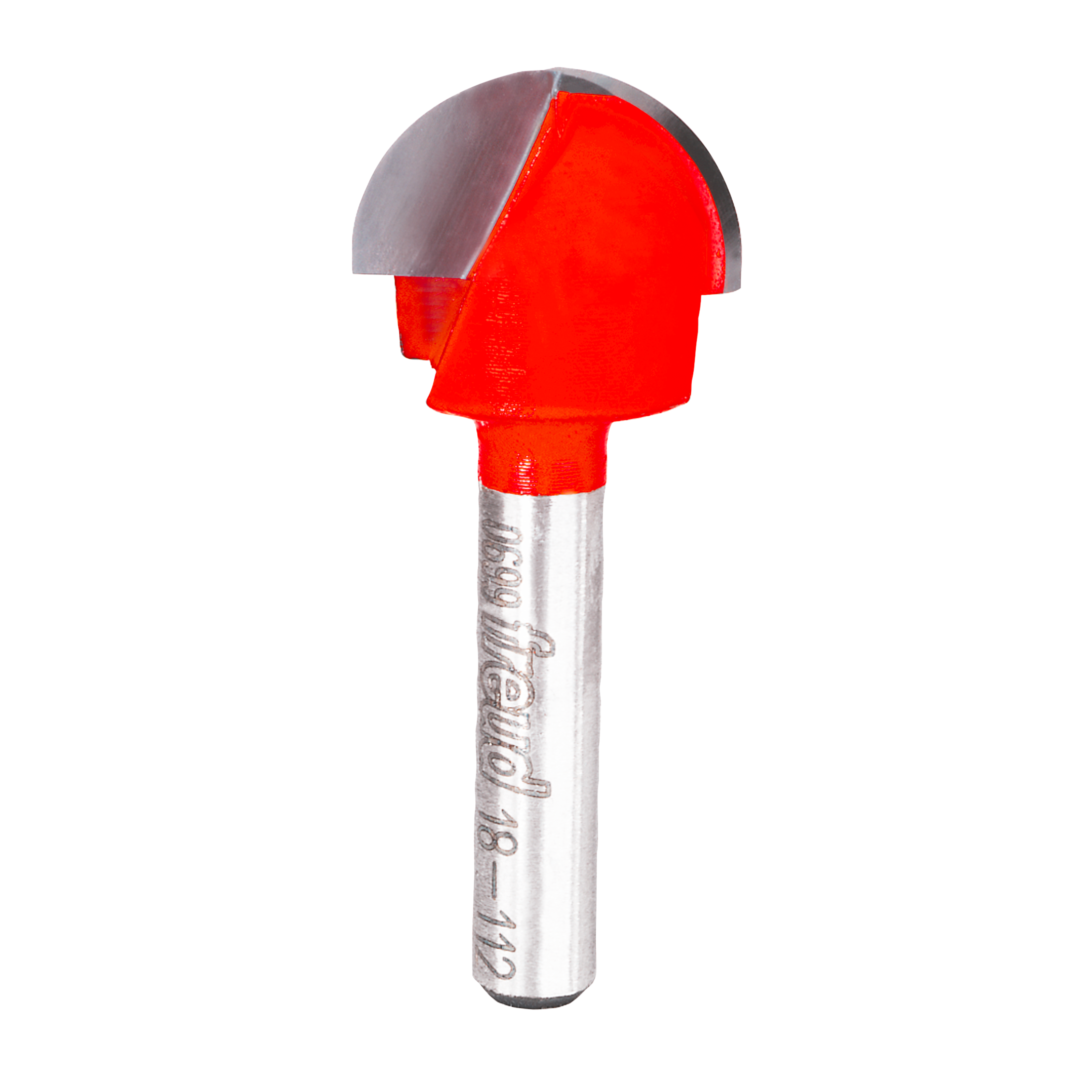 Red and gray round nose router bit with cylindrical shank and Freud branding on metal shaft.