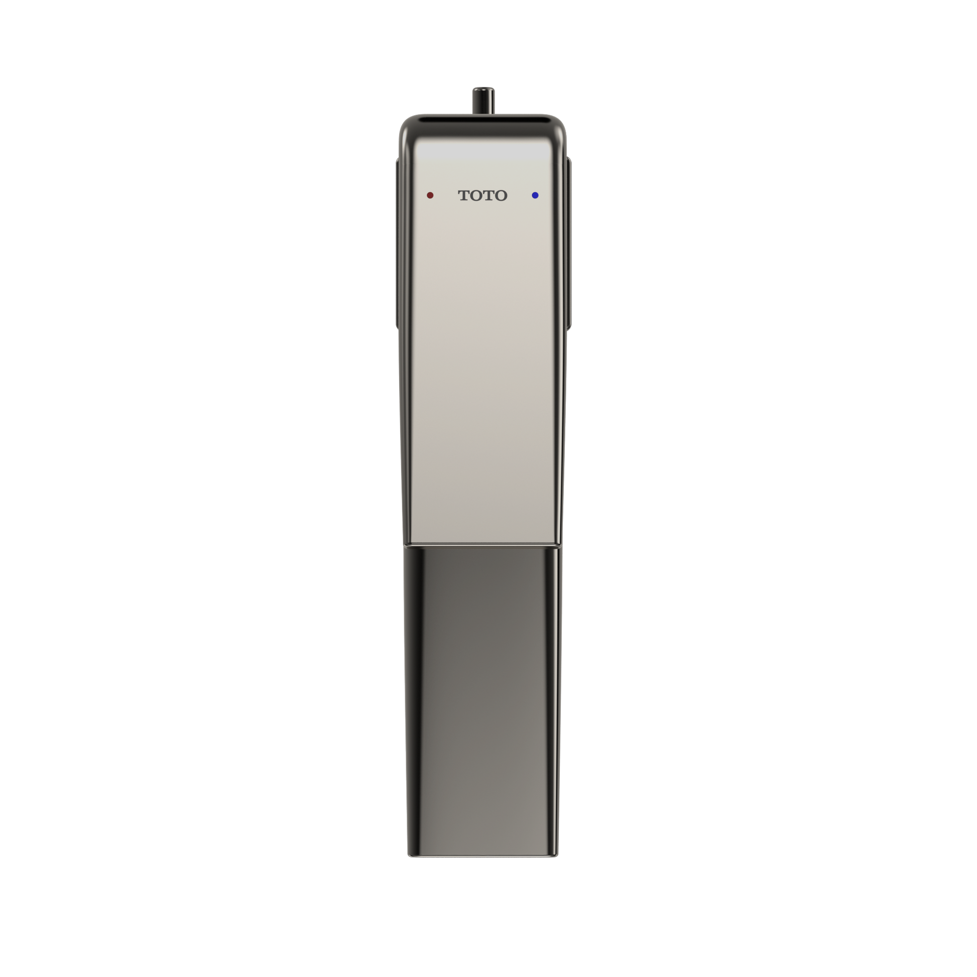 Polished nickel single-handle bathroom faucet with rectangular body, control panel, and black base.