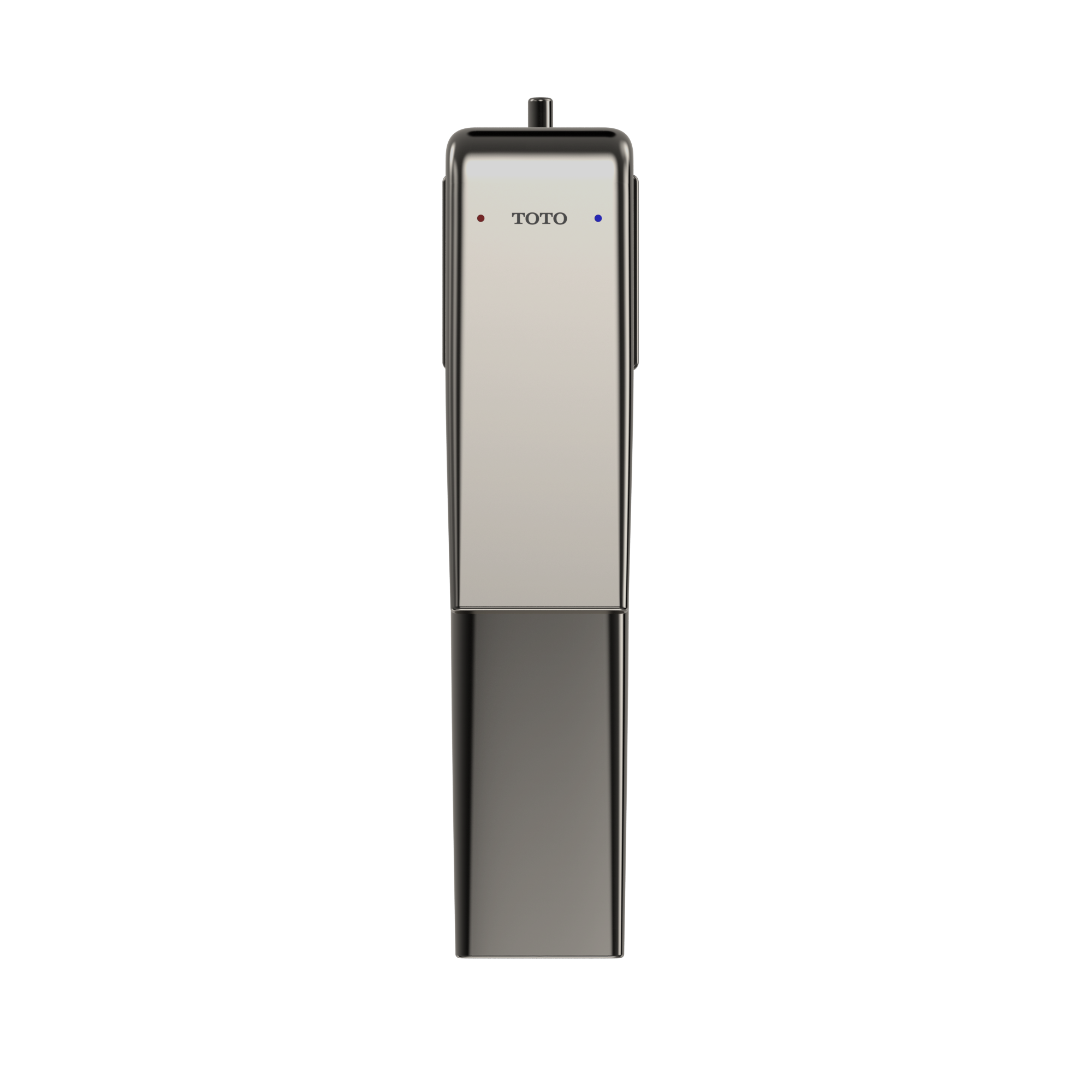 Polished nickel single-handle bathroom faucet with rectangular body, control panel, and black base.