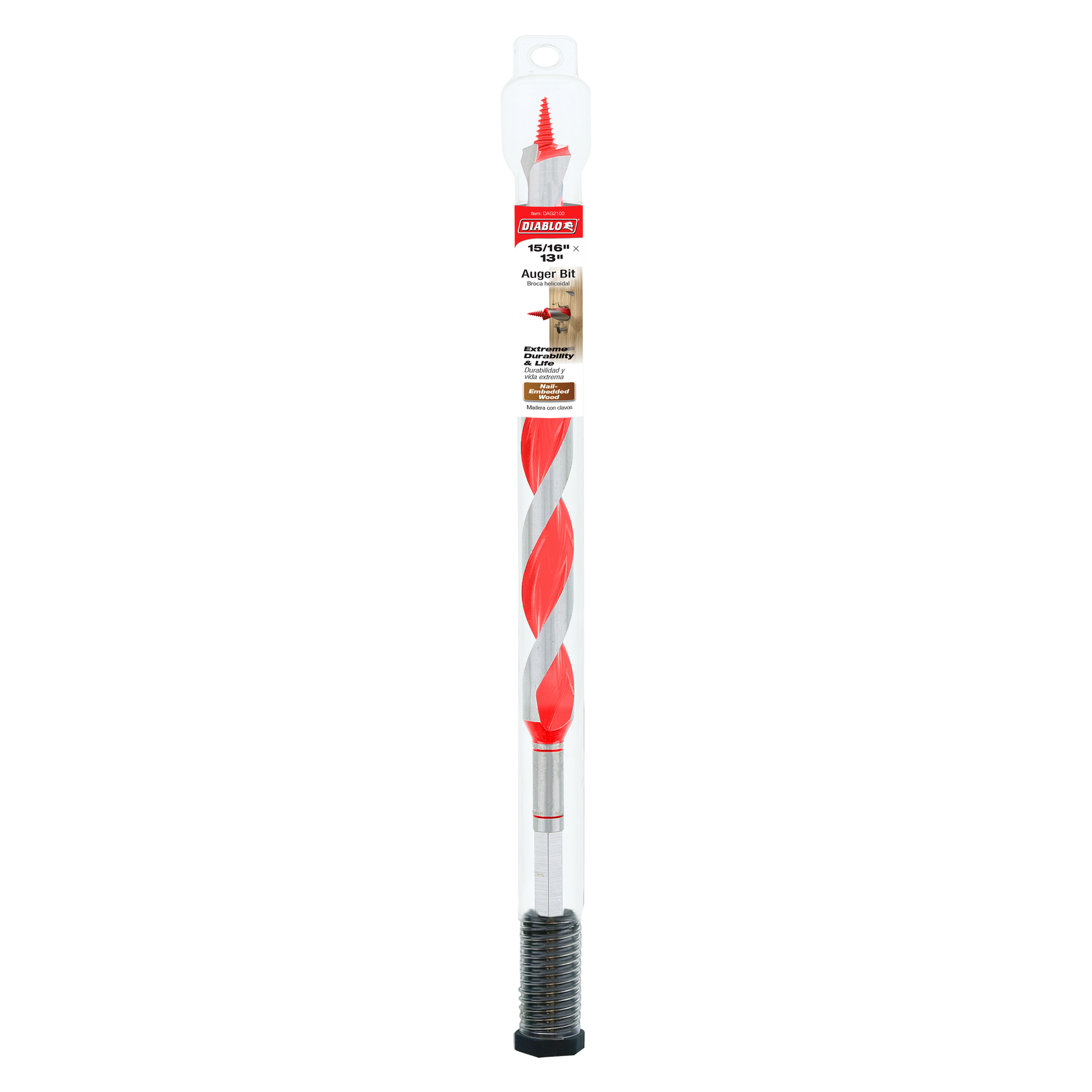 Diablo auger bit with red and gray twisted flutes, threaded base, and packaging sleeve.