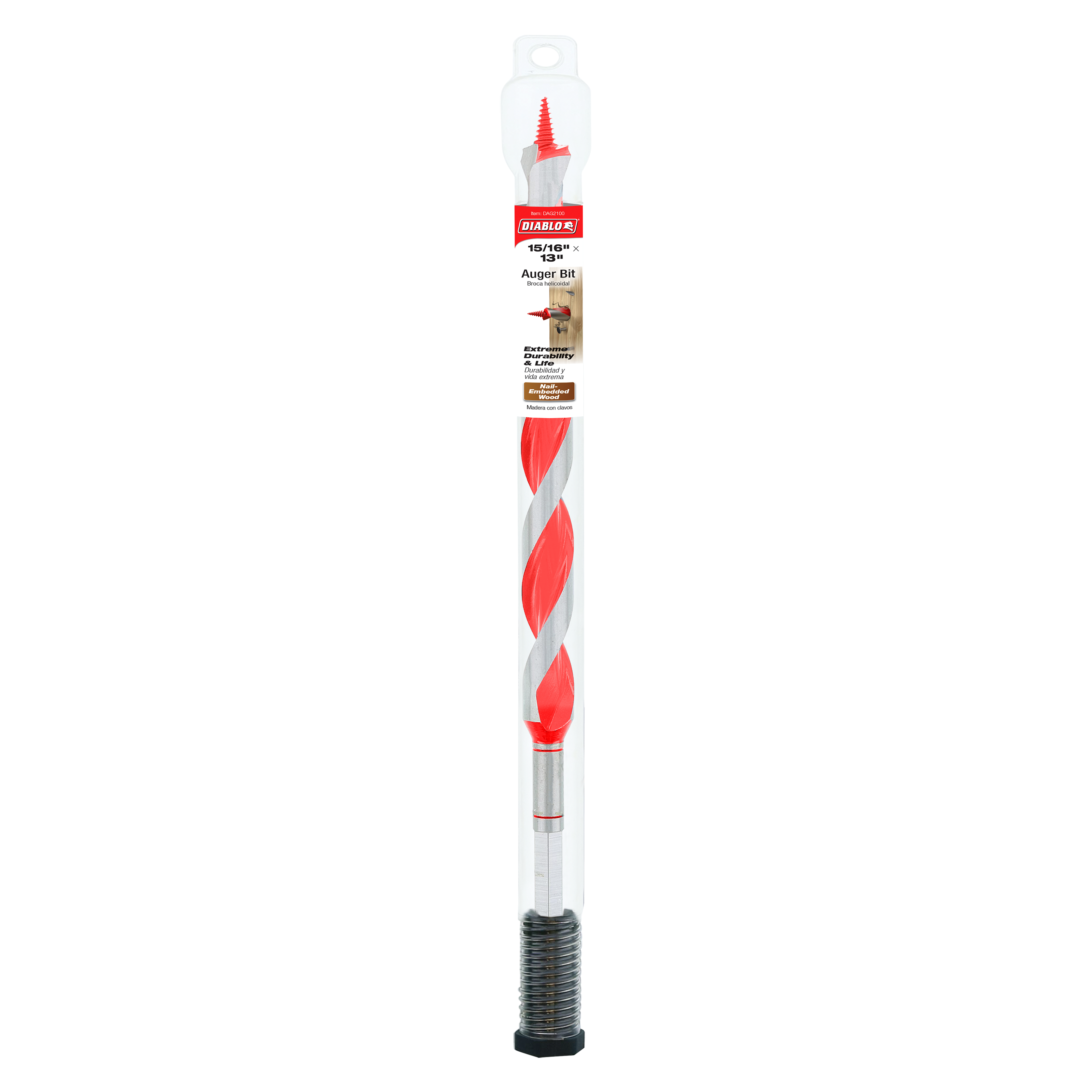 Diablo auger bit with red and gray twisted flutes, threaded base, and packaging sleeve.