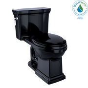 Black elongated one-piece toilet with soft-close seat and matching tank, shown from angled side view.