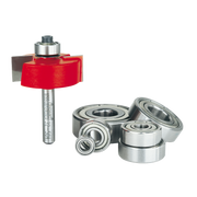 Red rabbeting bit with silver metal shaft and bearing set displayed separately on white background.