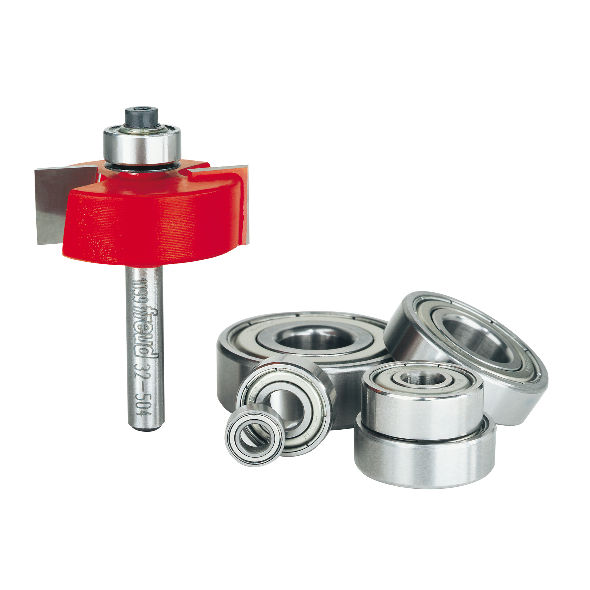 Red rabbeting bit with silver metal shaft and bearing set displayed separately on white background.
