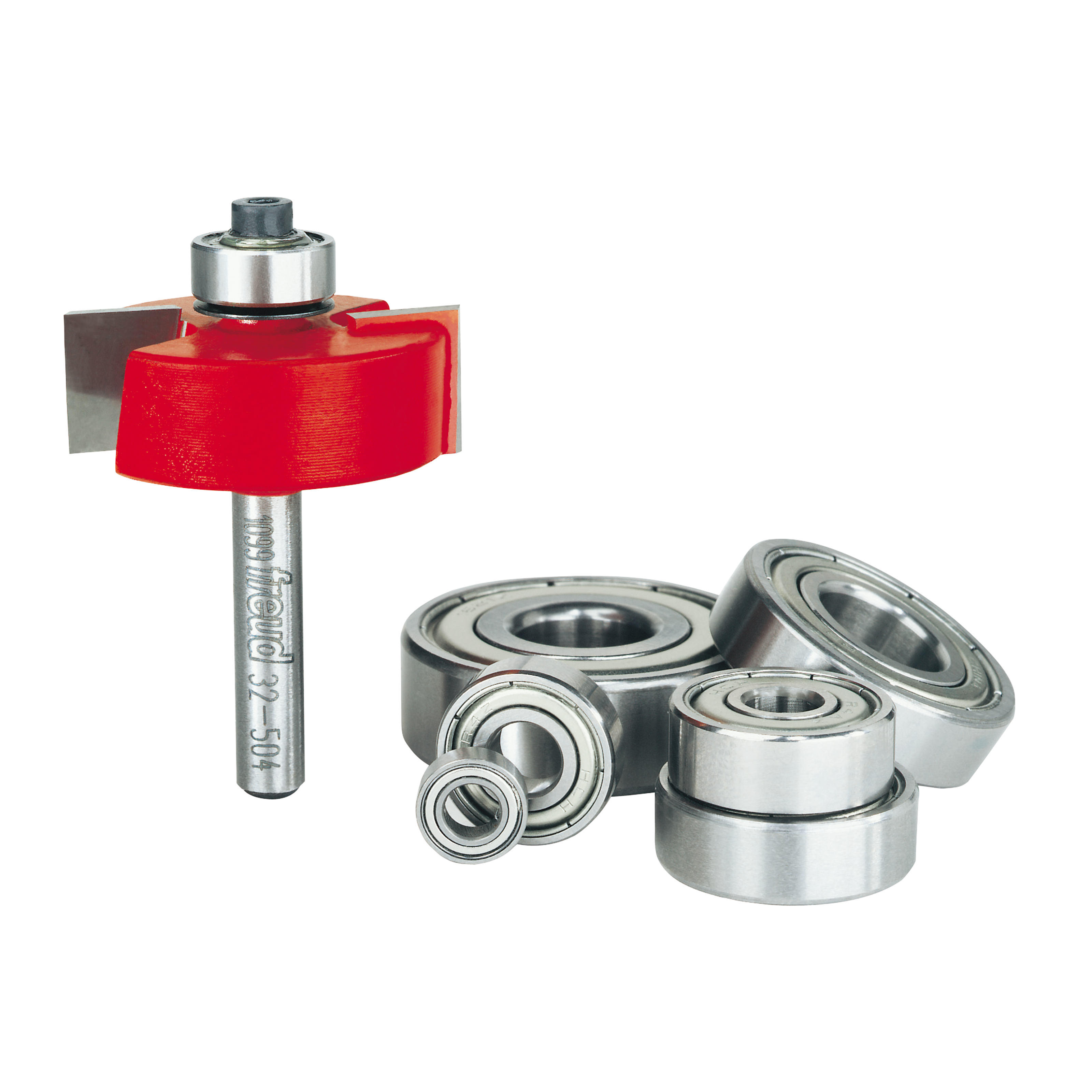 Red rabbeting bit with silver metal shaft and bearing set displayed separately on white background.