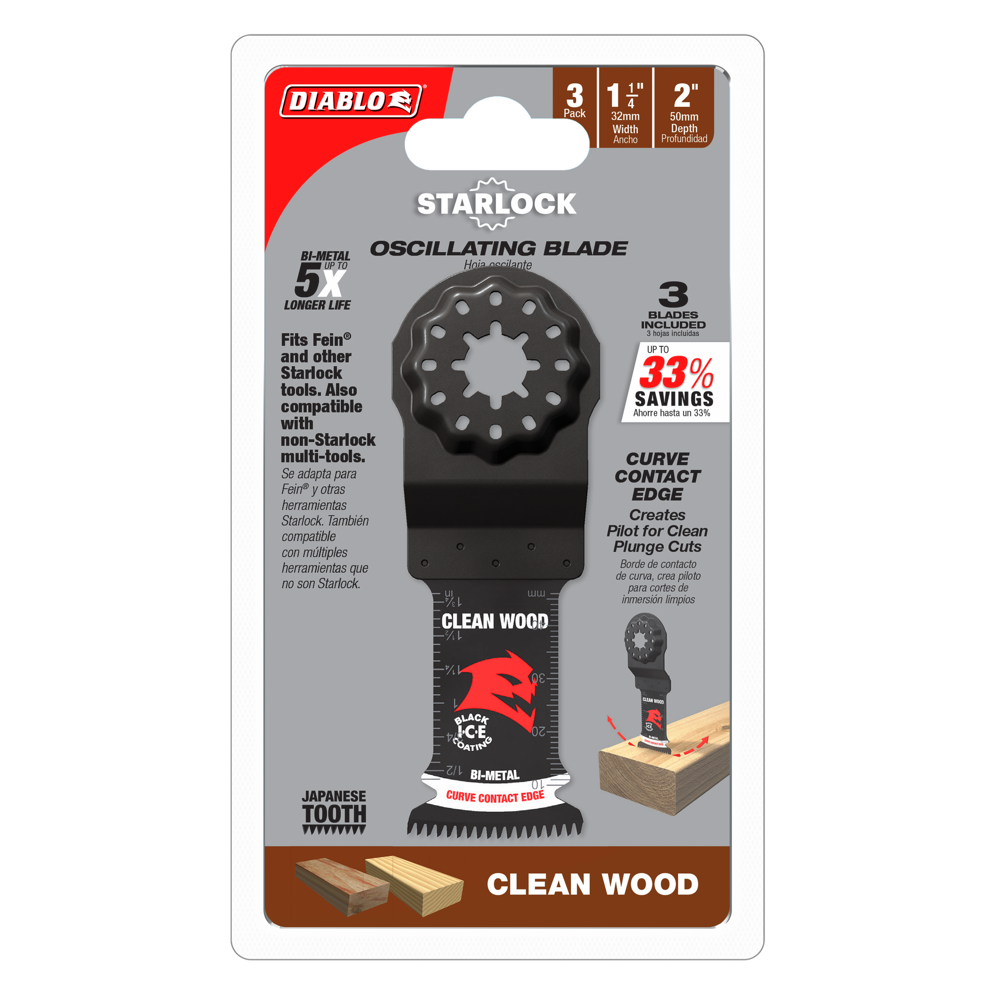 Three Diablo Starlock bi-metal oscillating blades with curved contact edge for wood cutting, featuring Japanese tooth design 