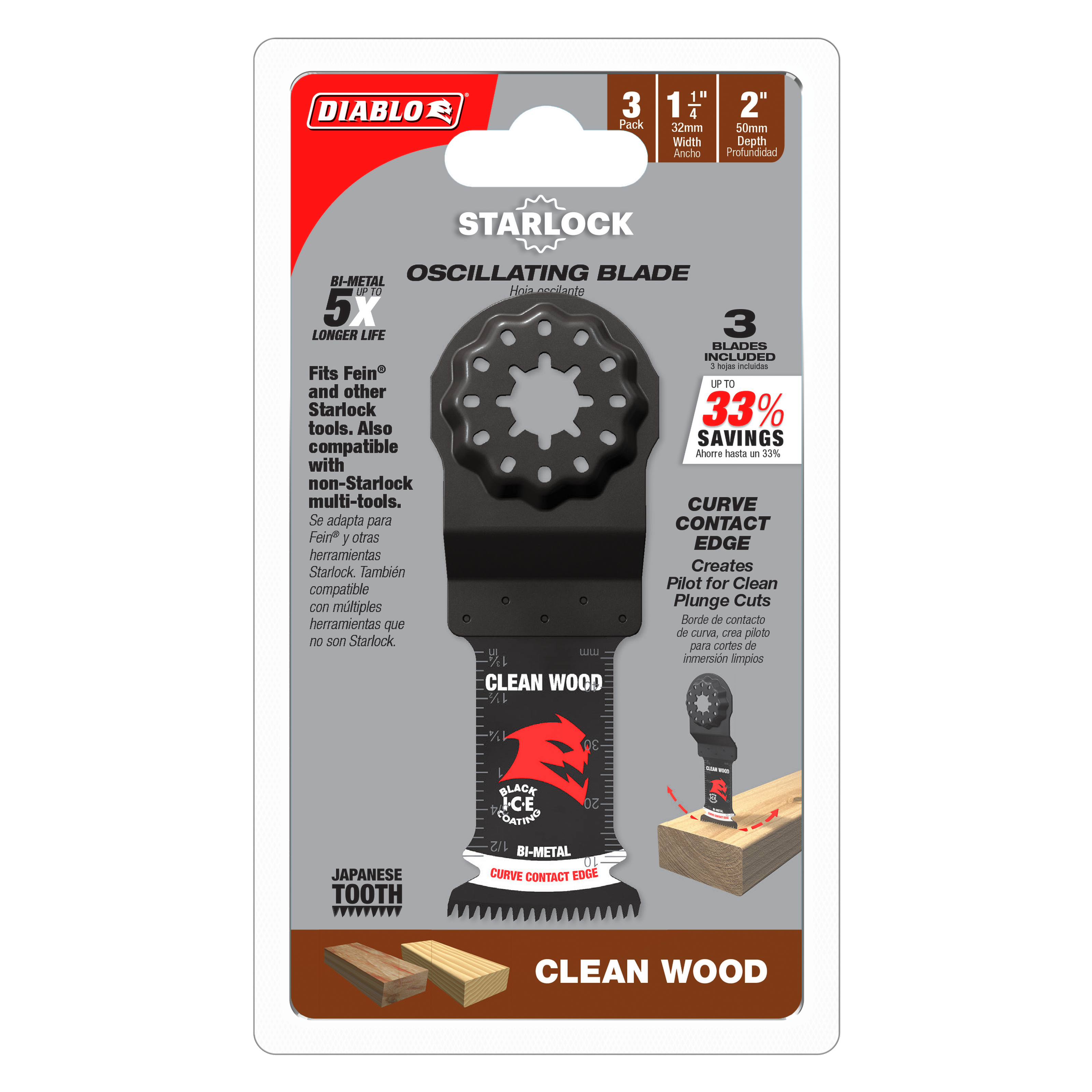 Three Diablo Starlock bi-metal oscillating blades with curved contact edge for wood cutting, featuring Japanese tooth design 