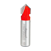 V-shaped router bit with red cutting head and silver metal shaft marked "20-109" for grooving applications.