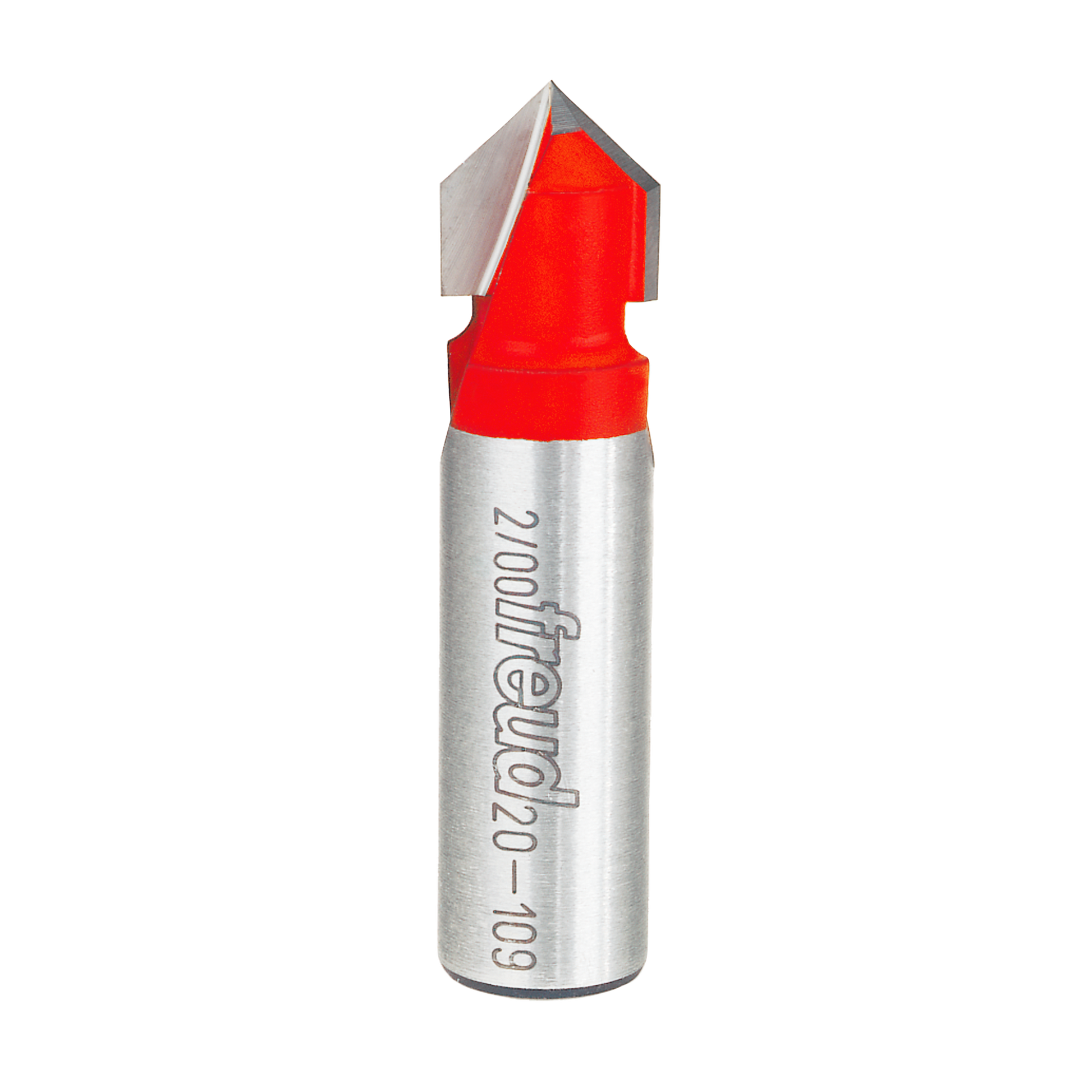 V-shaped router bit with red cutting head and silver metal shaft marked "20-109" for grooving applications.