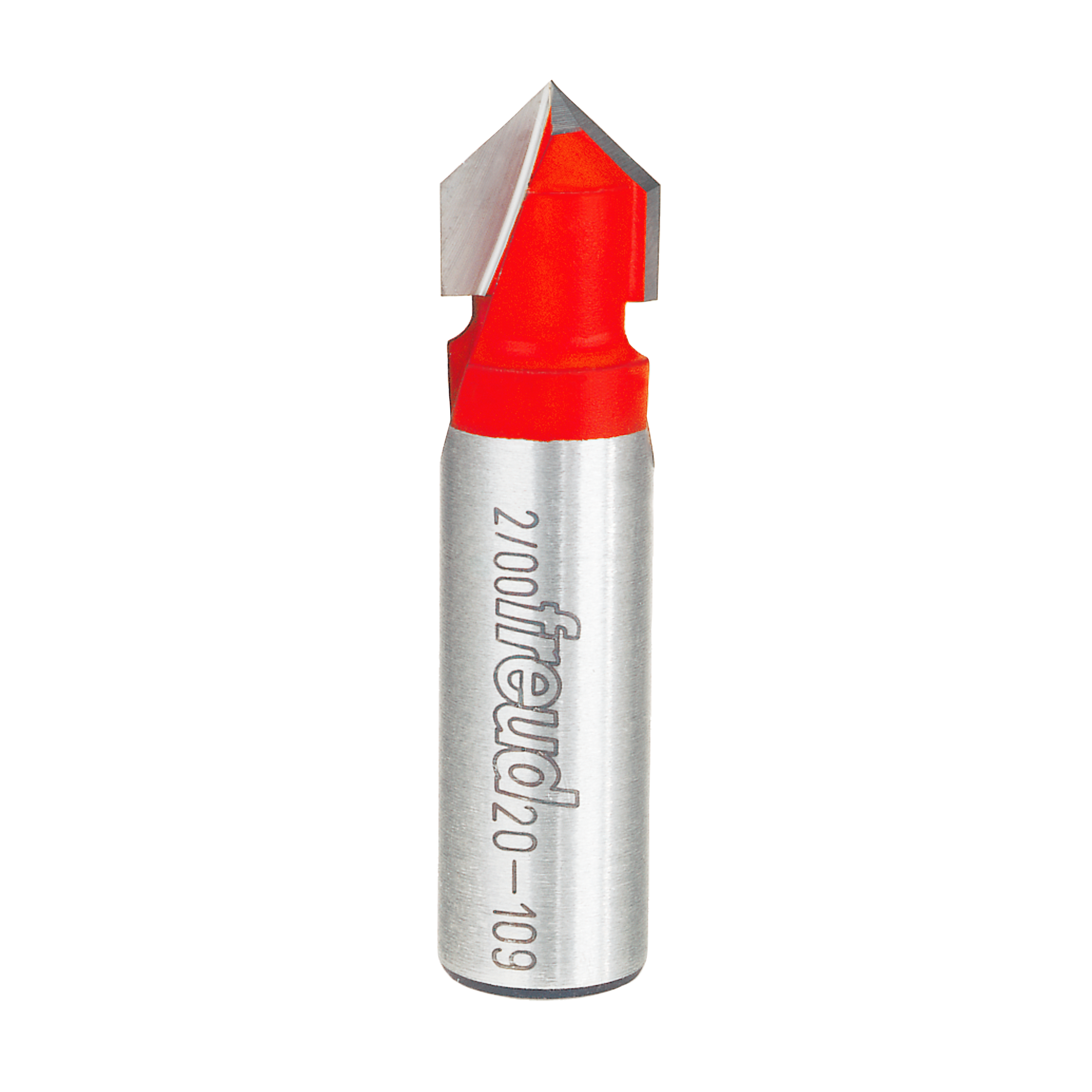 V-shaped router bit with red cutting head and silver metal shaft marked "20-109" for grooving applications.