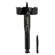 Black self-feed auger bit with wide cutting head and center screw, shown full-size and alongside a smaller replacement screw 