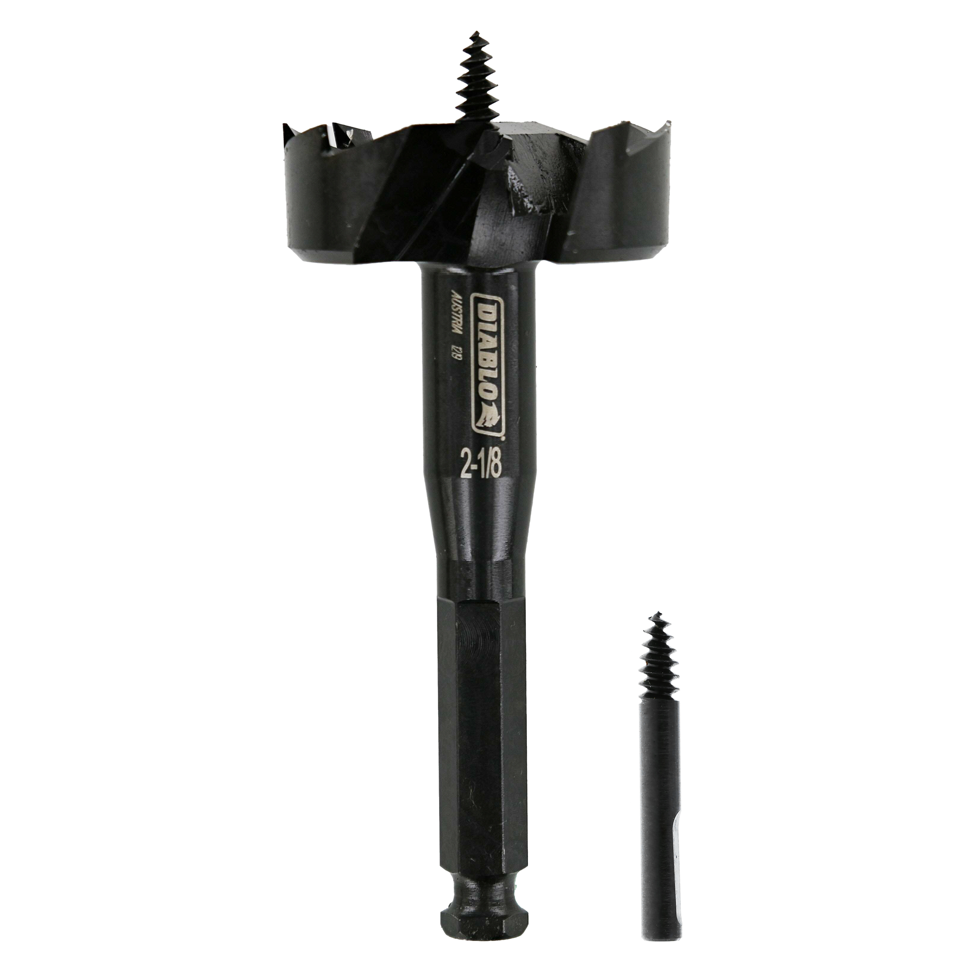Black self-feed auger bit with wide cutting head and center screw, shown full-size and alongside a smaller replacement screw 