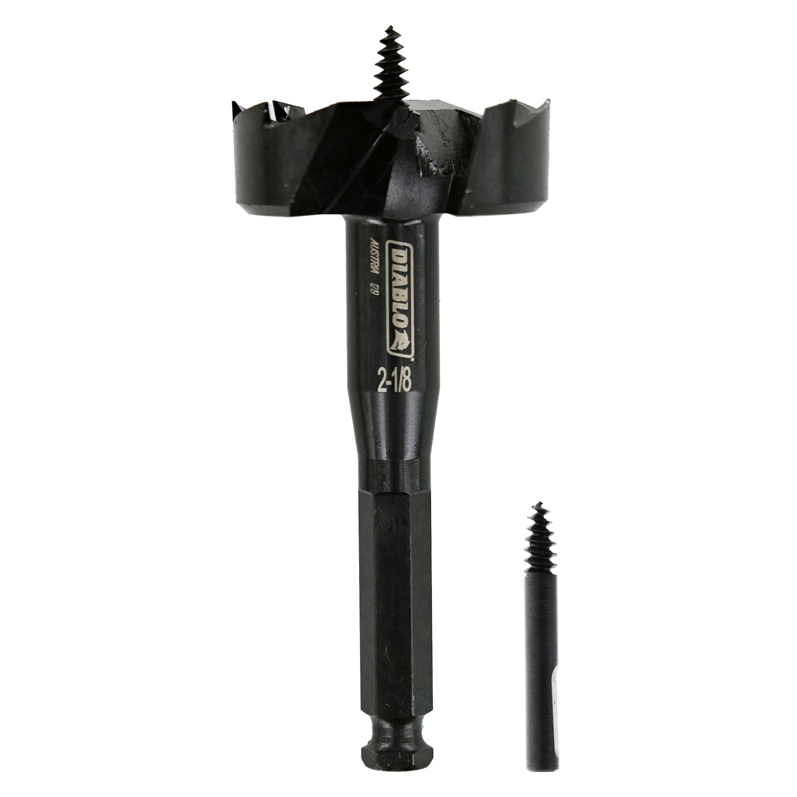 Black self-feed auger bit with wide cutting head and center screw, shown full-size and alongside a smaller replacement screw 