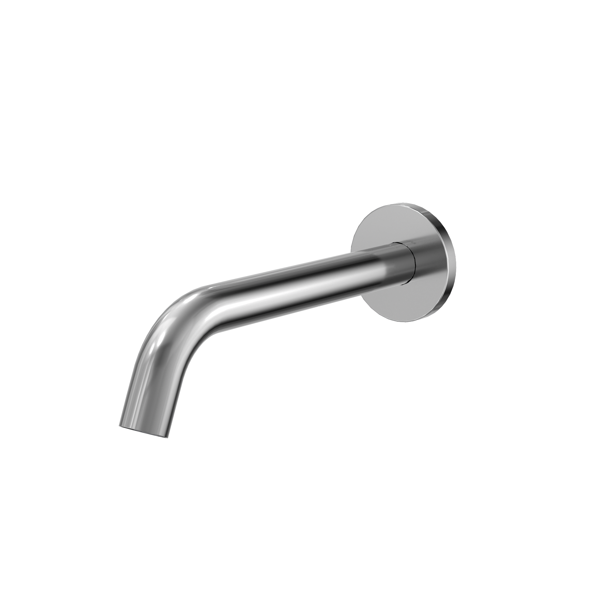Polished chrome wall-mounted bathroom faucet with curved spout and circular mounting plate.