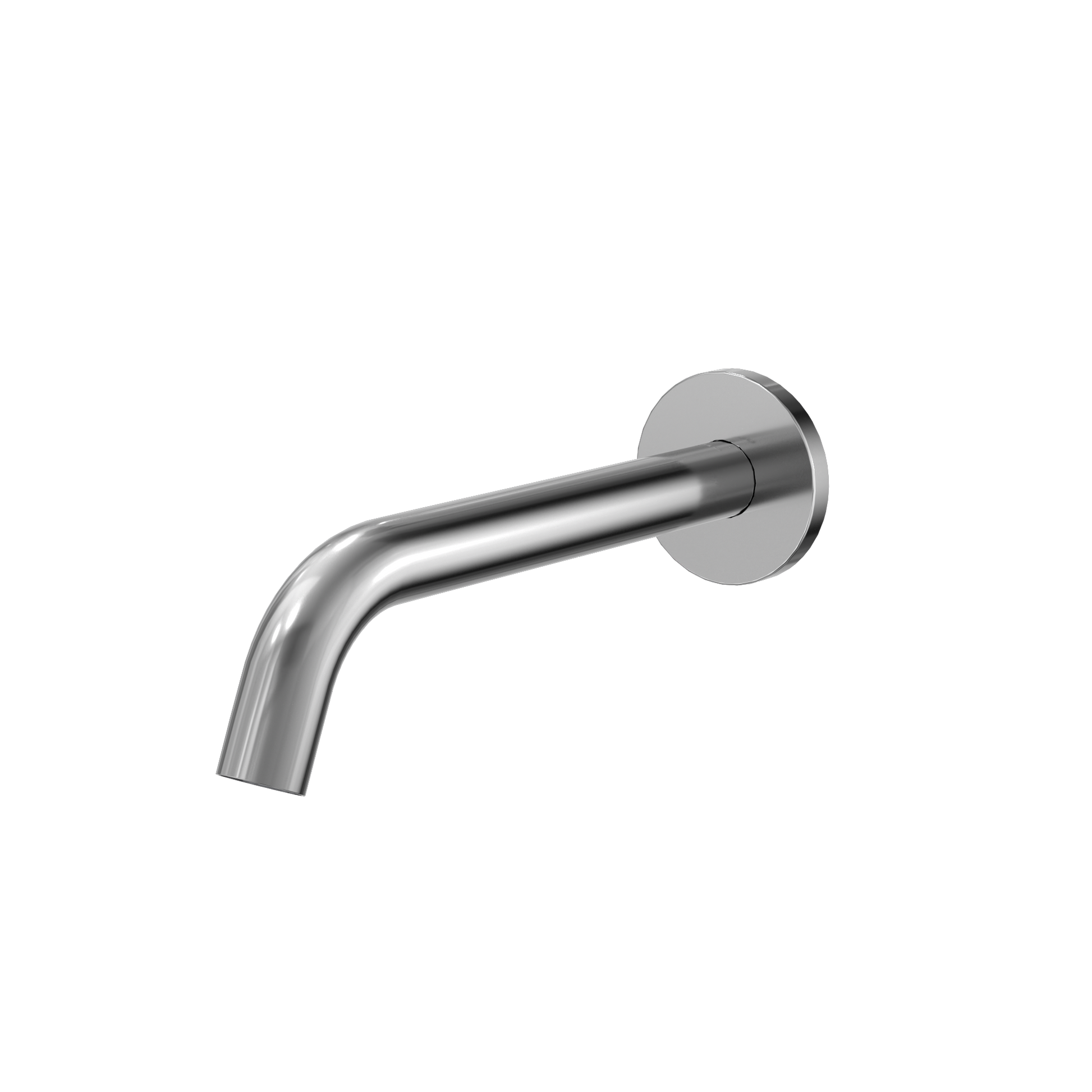 Polished chrome wall-mounted bathroom faucet spout with curved design and circular mounting plate.