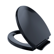 Ebony round toilet seat and lid with slow-close mechanism, shown in open position.