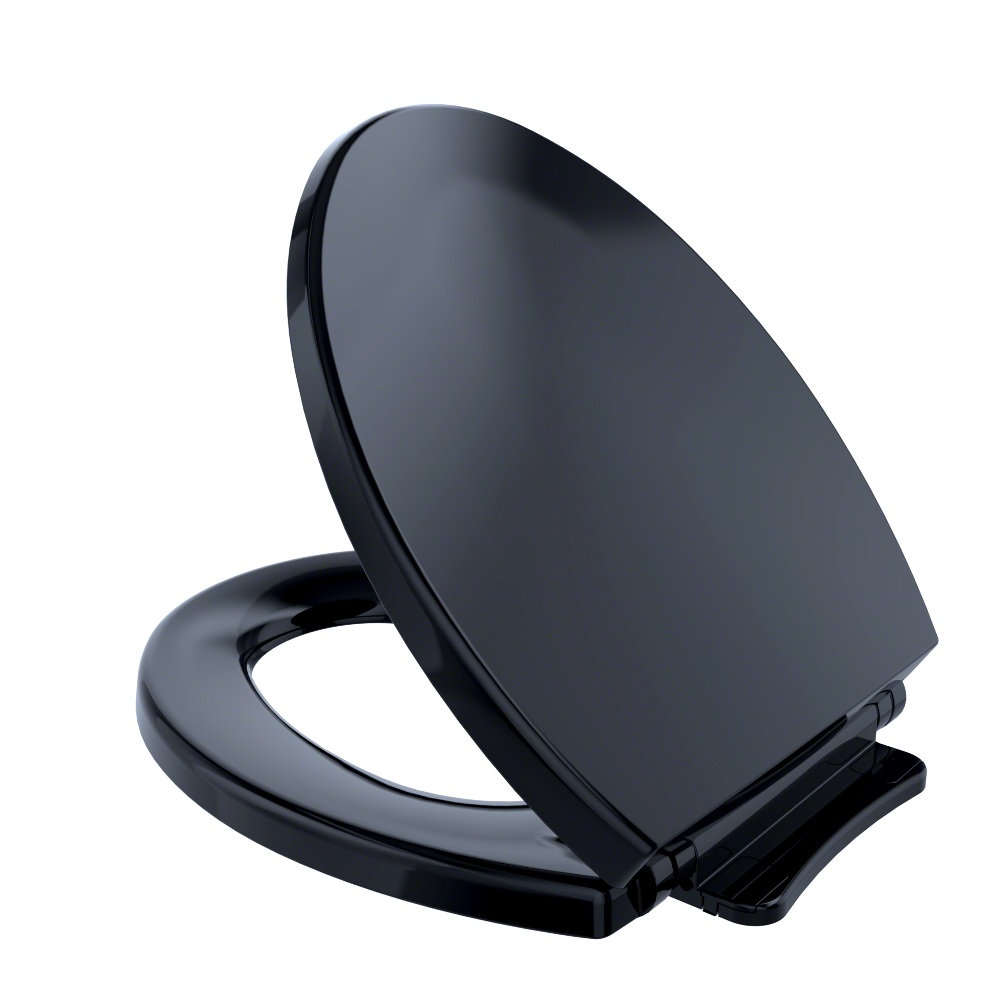 Ebony round toilet seat and lid with slow-close mechanism, shown in open position.