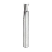 Silver metal dovetail router bit with angled cutting edges at the top and cylindrical shank.