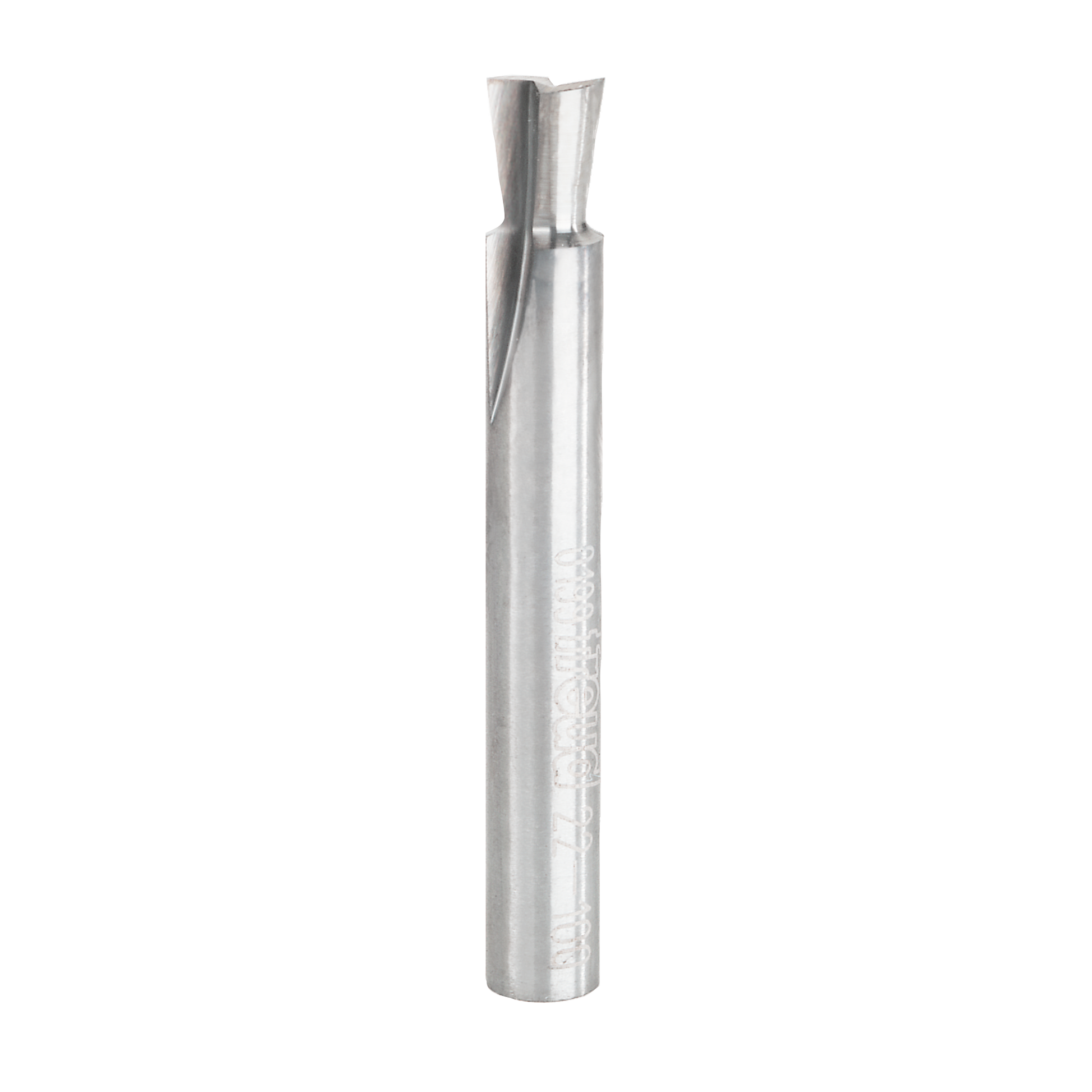 Silver metal dovetail router bit with angled cutting edges at the top and cylindrical shank.