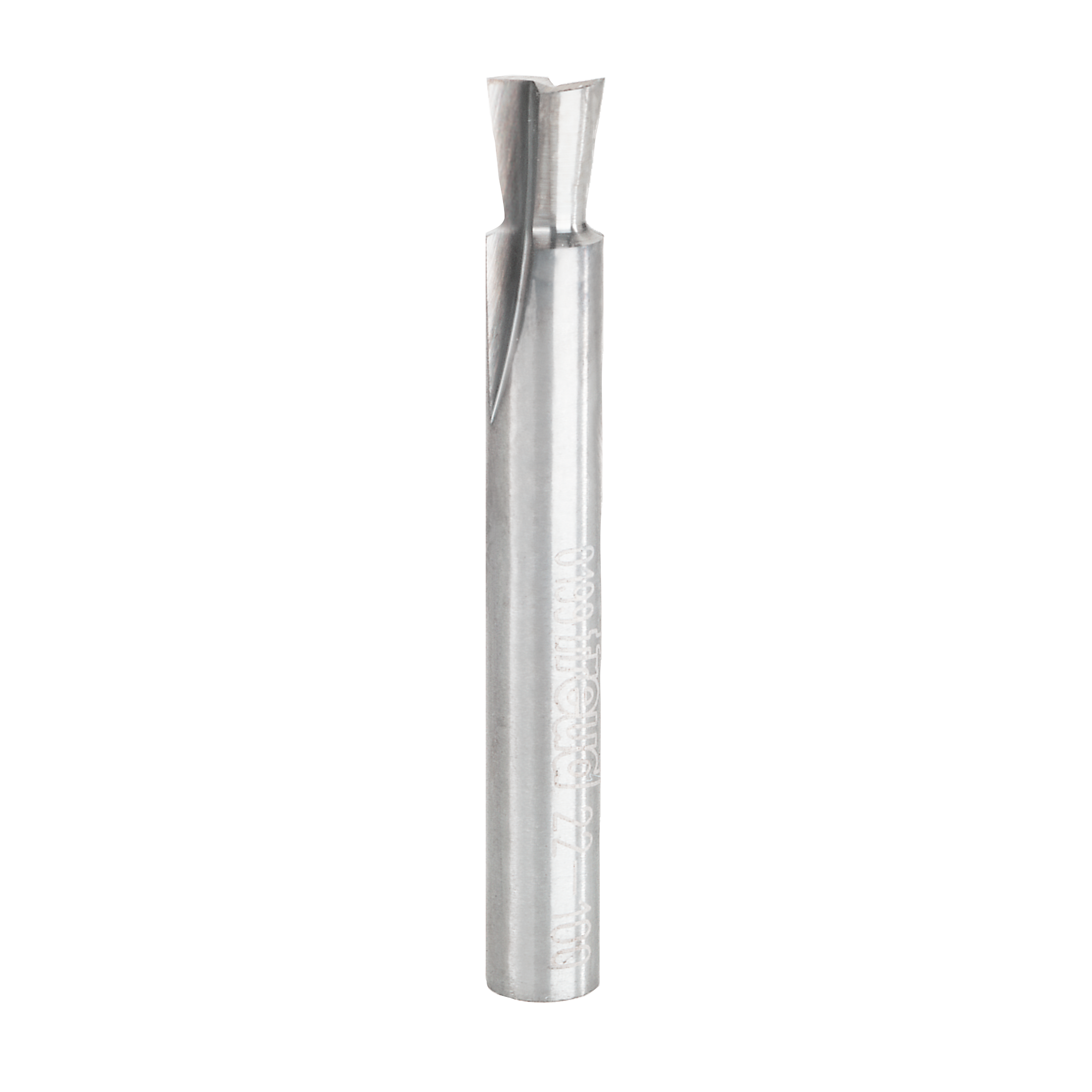 Silver metal dovetail router bit with angled cutting edges at the top and cylindrical shank.