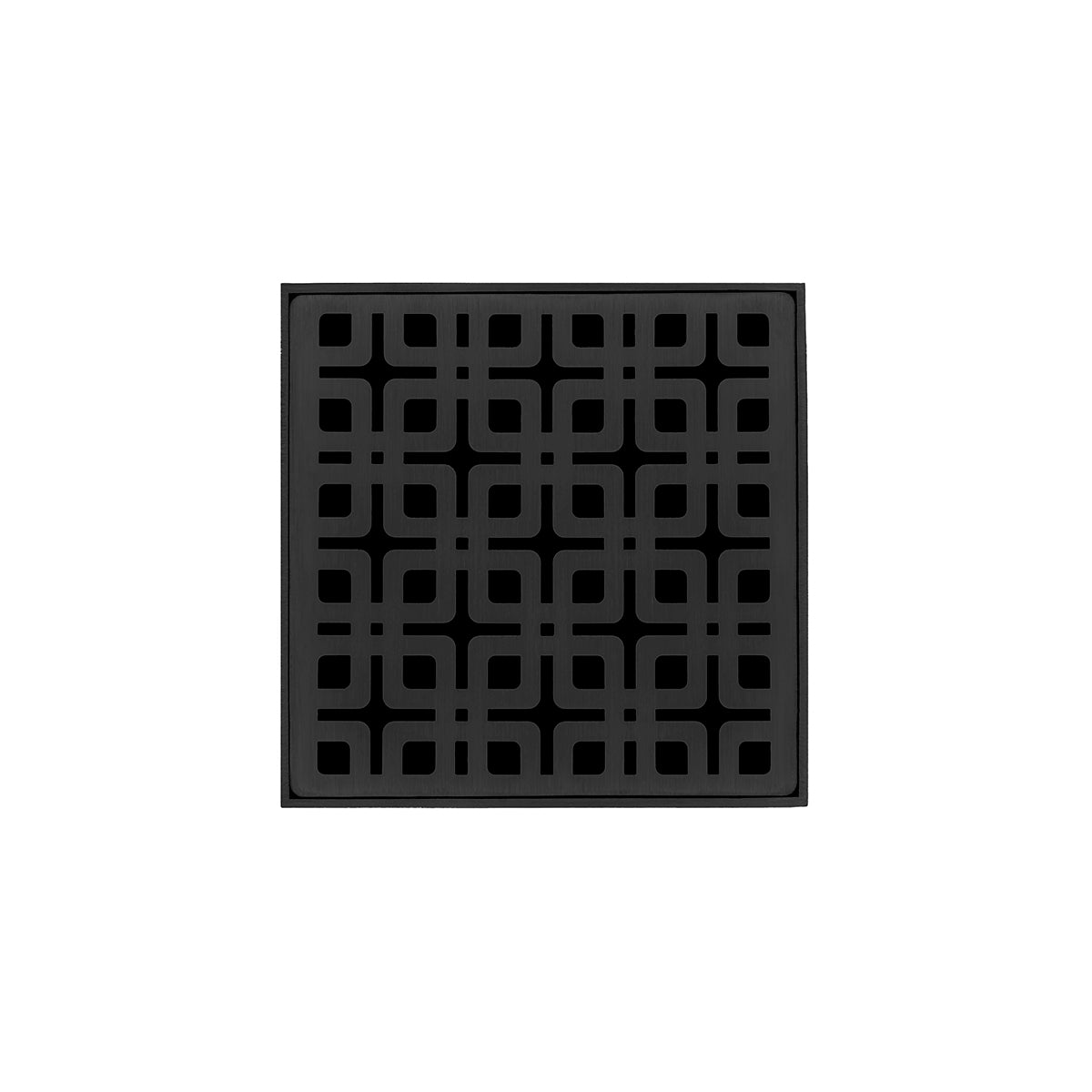 Matte black square drain grate with geometric grid pattern and center drain opening.