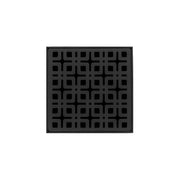 Matte black square drain grate with geometric pattern and center drain opening.