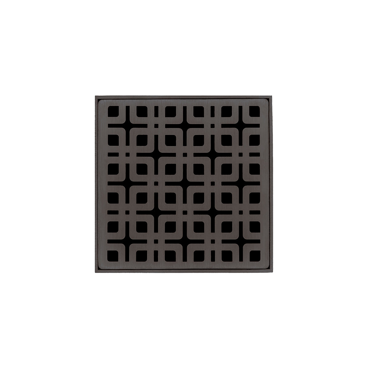 Square oil rubbed bronze drain grate with geometric pattern design and center drain opening.