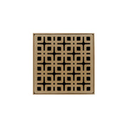 Satin bronze 4x4 inch square drain grate with geometric square pattern and center drain opening.