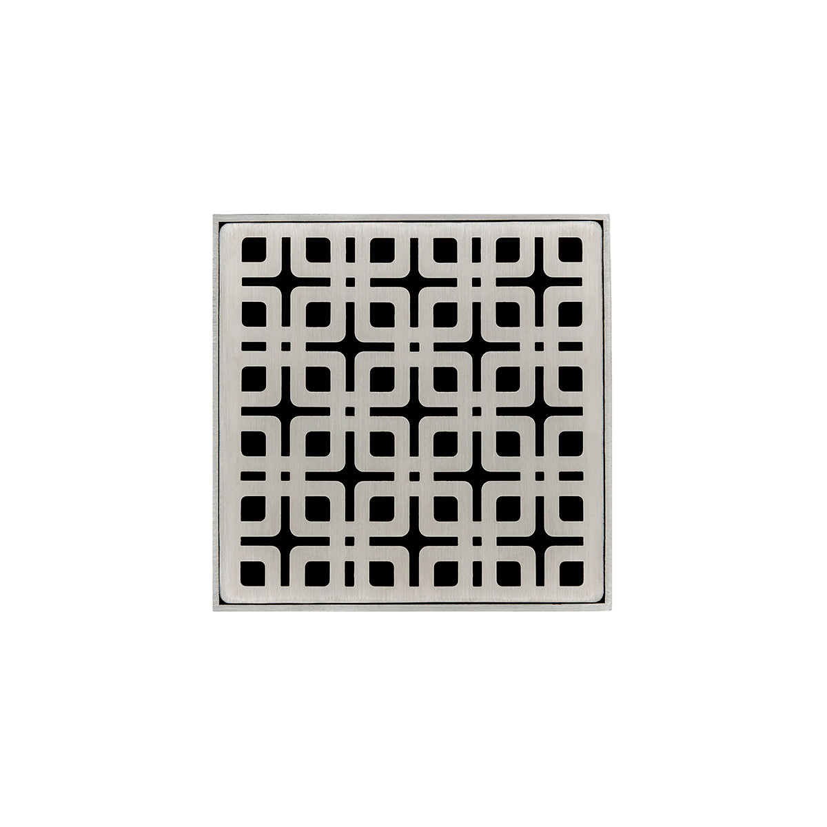 Square satin stainless steel drain cover with geometric pattern and center drain opening.