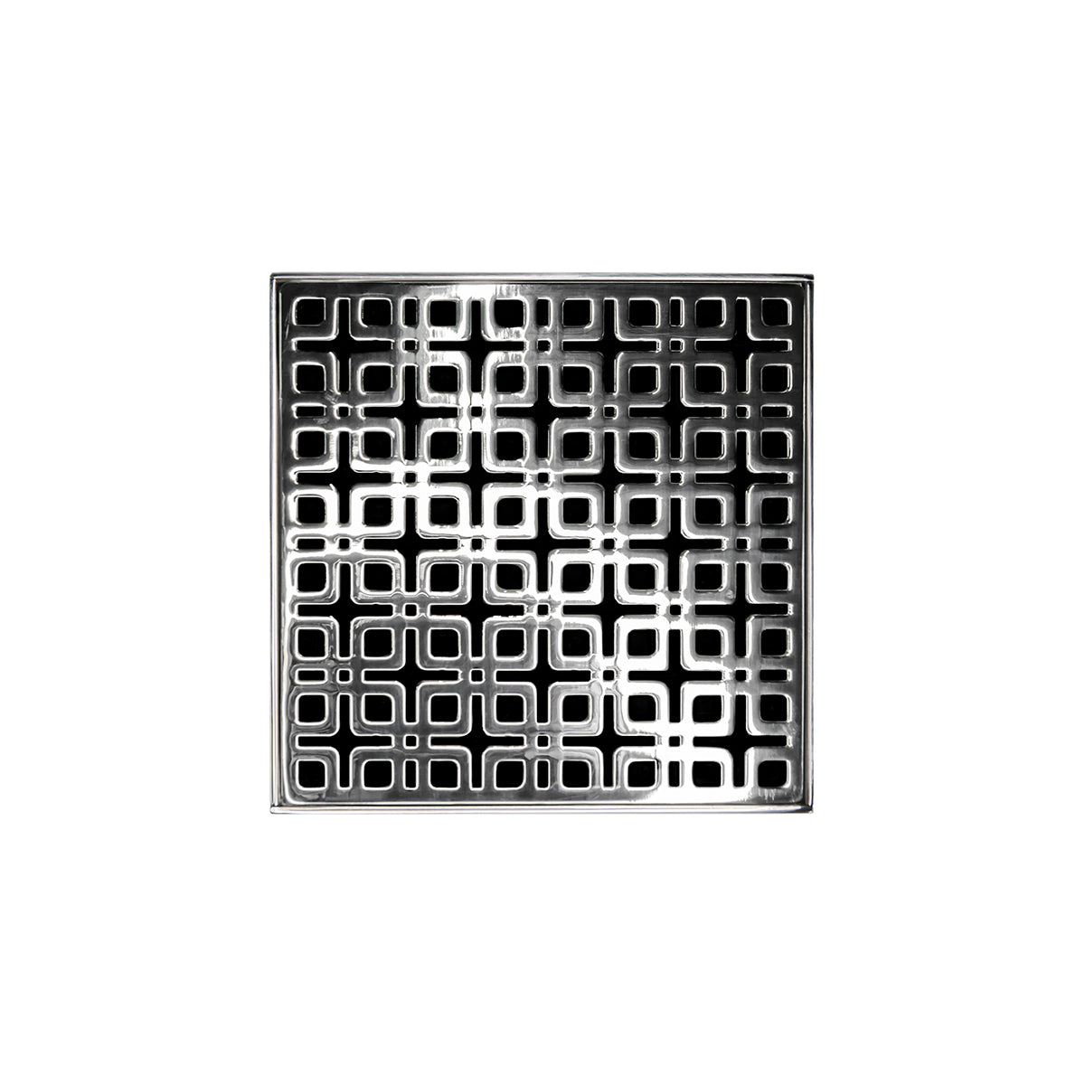 Polished stainless steel square drain grate with geometric pattern and center drainage opening.