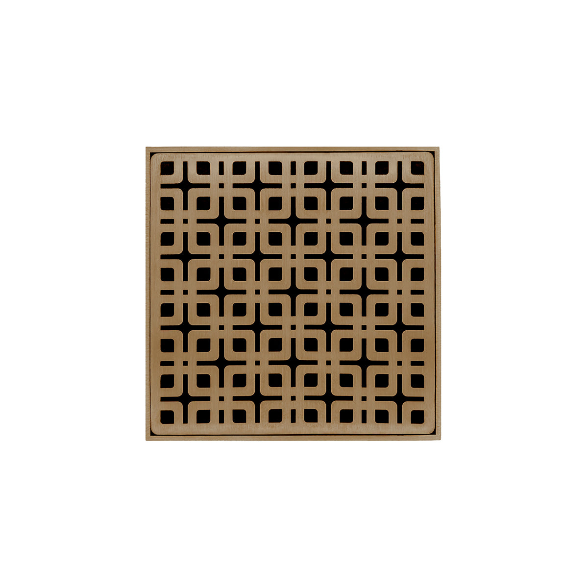 Square satin bronze drain grate with geometric grid pattern and center drain opening.
