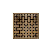 Square satin bronze drain grate with geometric grid pattern and center drain opening.