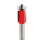 Router bit with red body, metal shaft, and bearing collar at top for flush trimming applications.