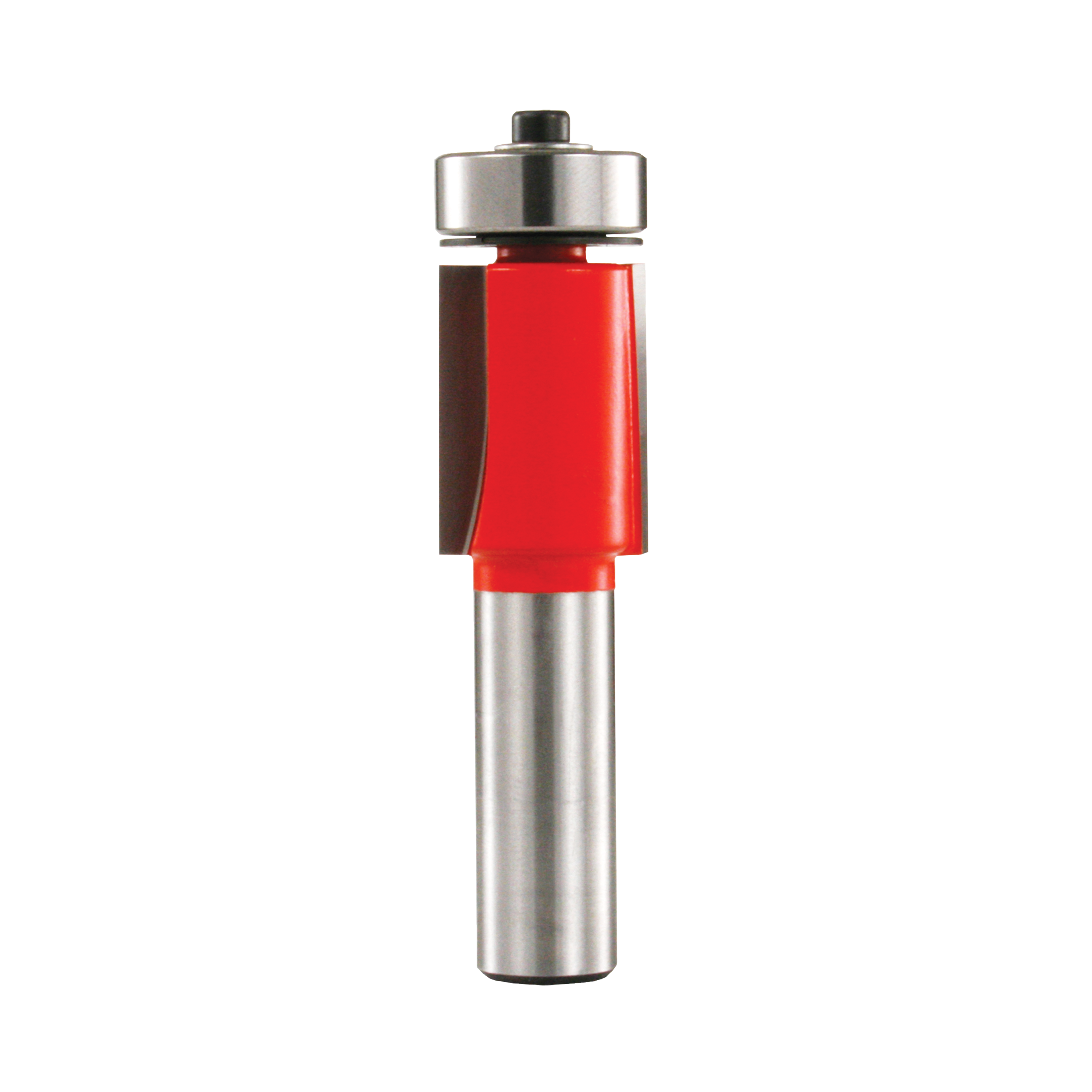 Router bit with red body, metal shaft, and bearing collar at top for flush trimming applications.