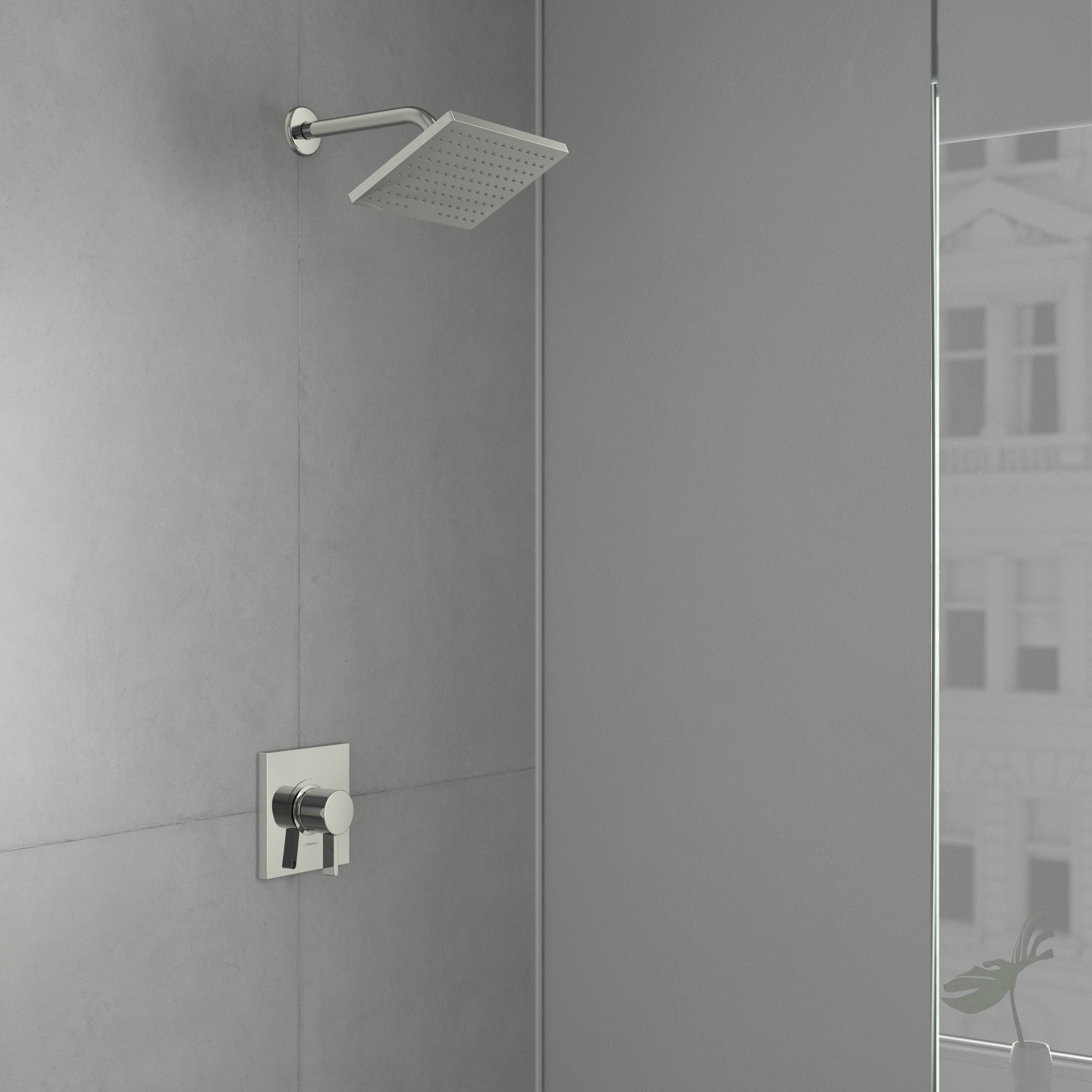 Chrome shower set with square rainfall showerhead and wall-mounted pressure balance valve control.