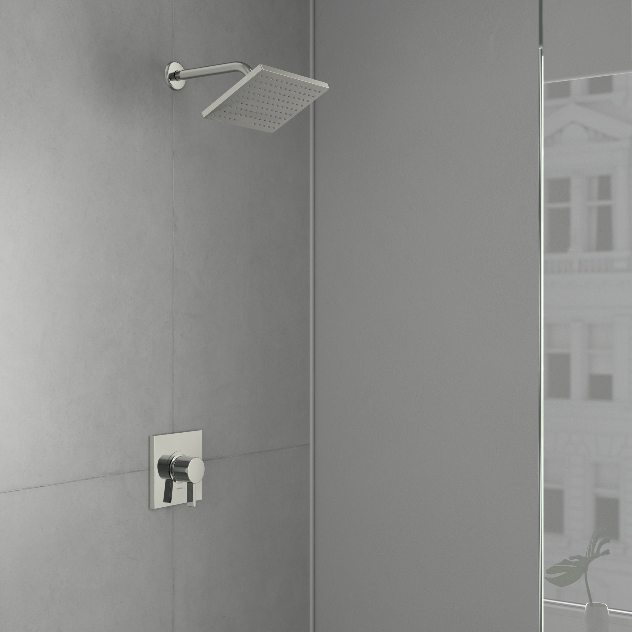 Chrome shower set with square rainfall showerhead and wall-mounted pressure balance valve control.