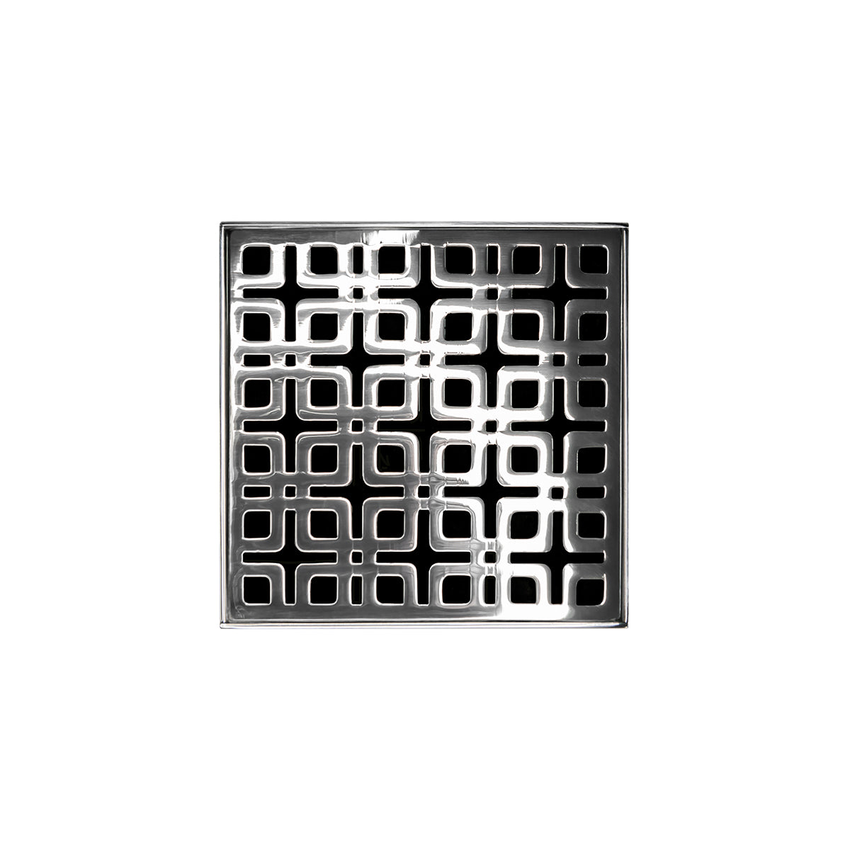 Polished stainless steel square drain grate with geometric interlocking pattern and center drain opening.