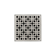 Square stainless steel drain grate with geometric pattern and center drain opening in satin finish.