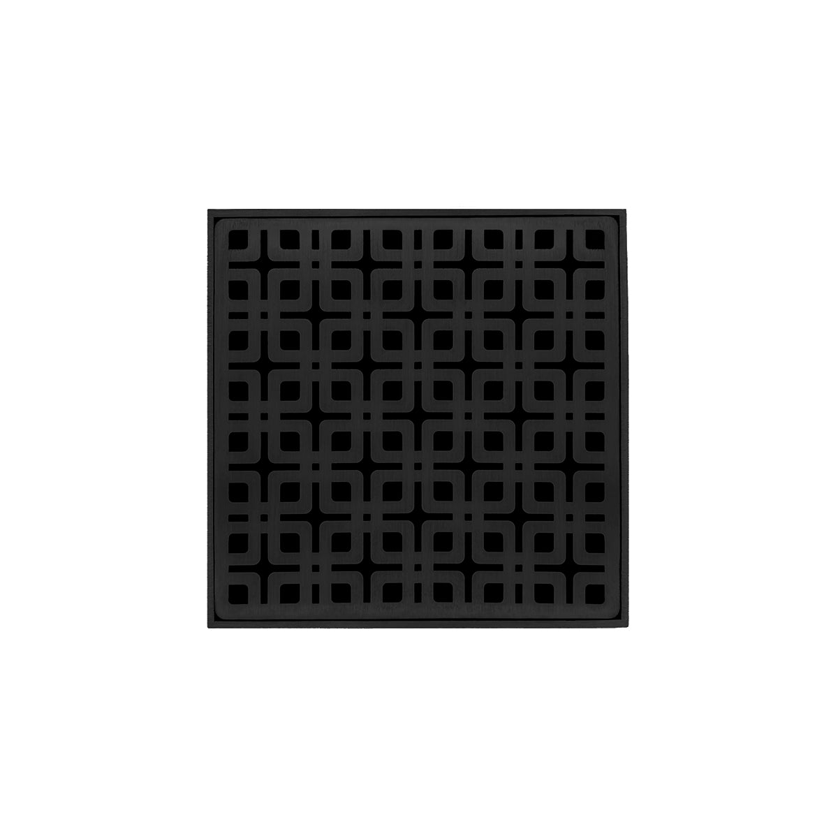 Square matte black drain grate with geometric grid pattern, 5" x 5" center drain kit.