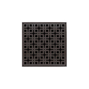 Square oil rubbed bronze drain grate with geometric square pattern design, 5 inches by 5 inches.