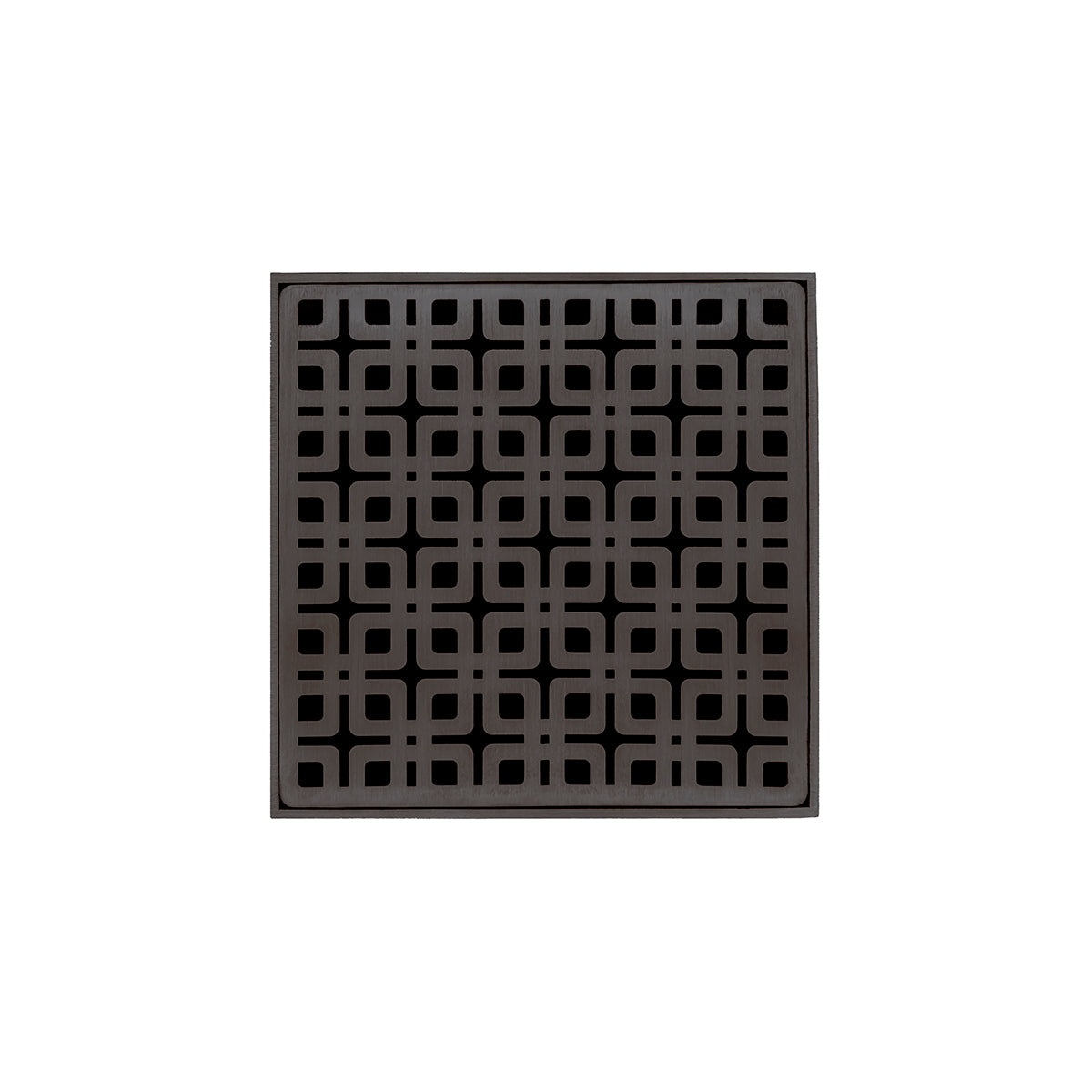 Oil rubbed bronze square drain grate with geometric square pattern design, 5 x 5 inches.