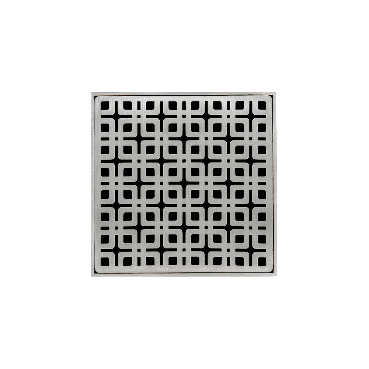 Square satin stainless steel drain grate with geometric pattern and center drain opening.