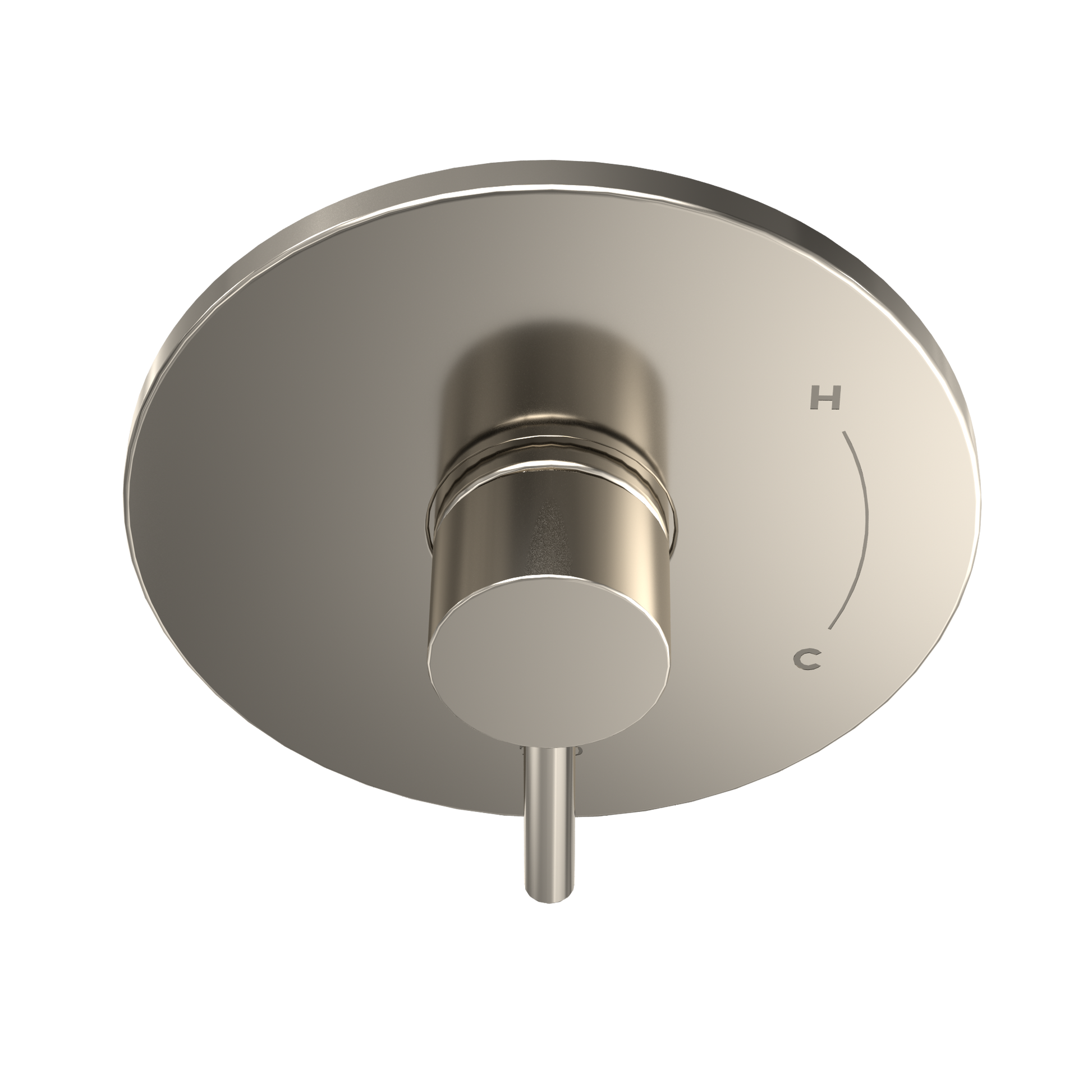 Polished nickel round shower trim with single lever handle and hot/cold markings.