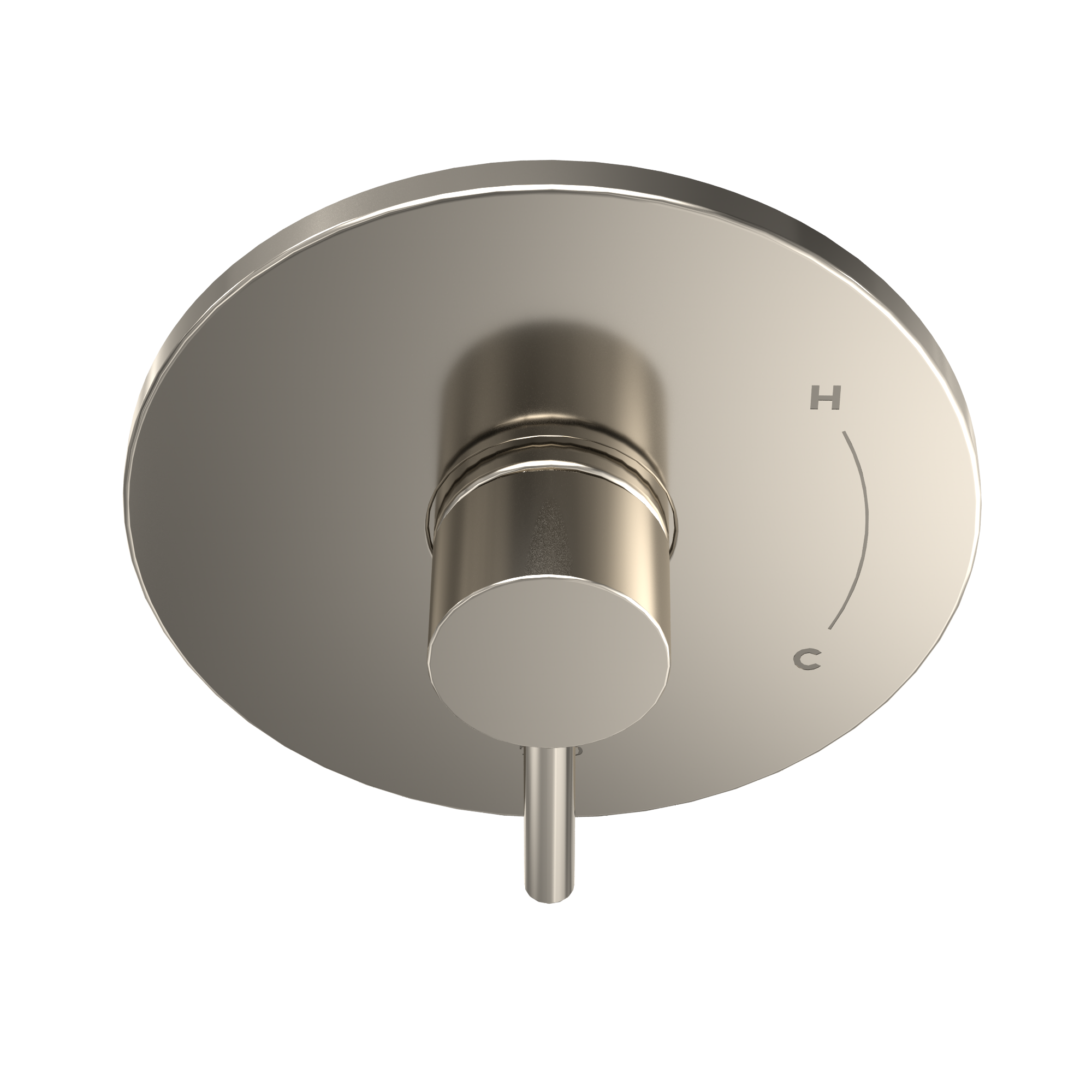 Polished nickel round shower trim with single lever handle and hot/cold markings.