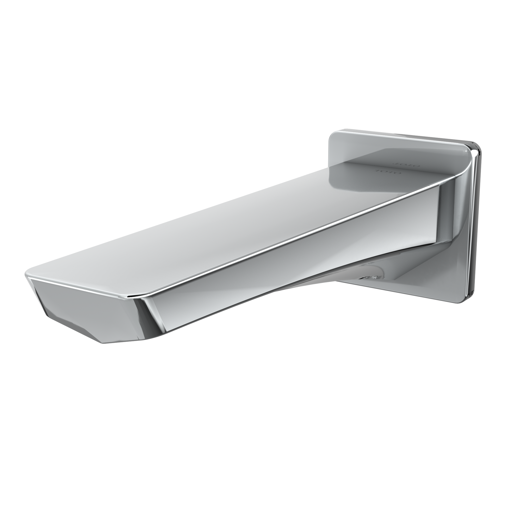 Polished chrome wall-mounted tub spout with rectangular escutcheon and angled spout outlet.