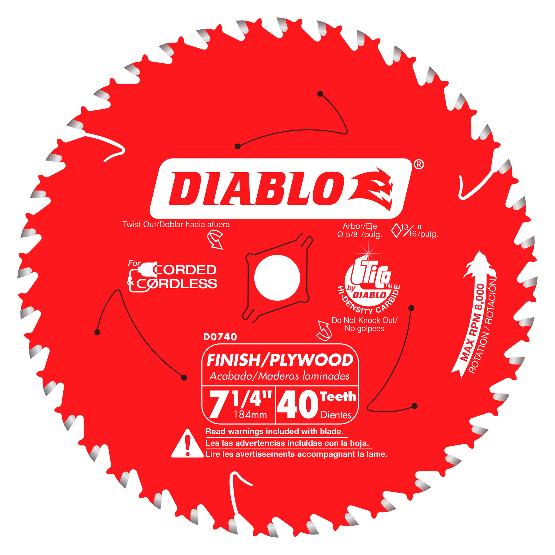 Red circular saw blade with 40 gray teeth around perimeter and white center arbor hole, labeled Diablo D0740A for finish/plyw