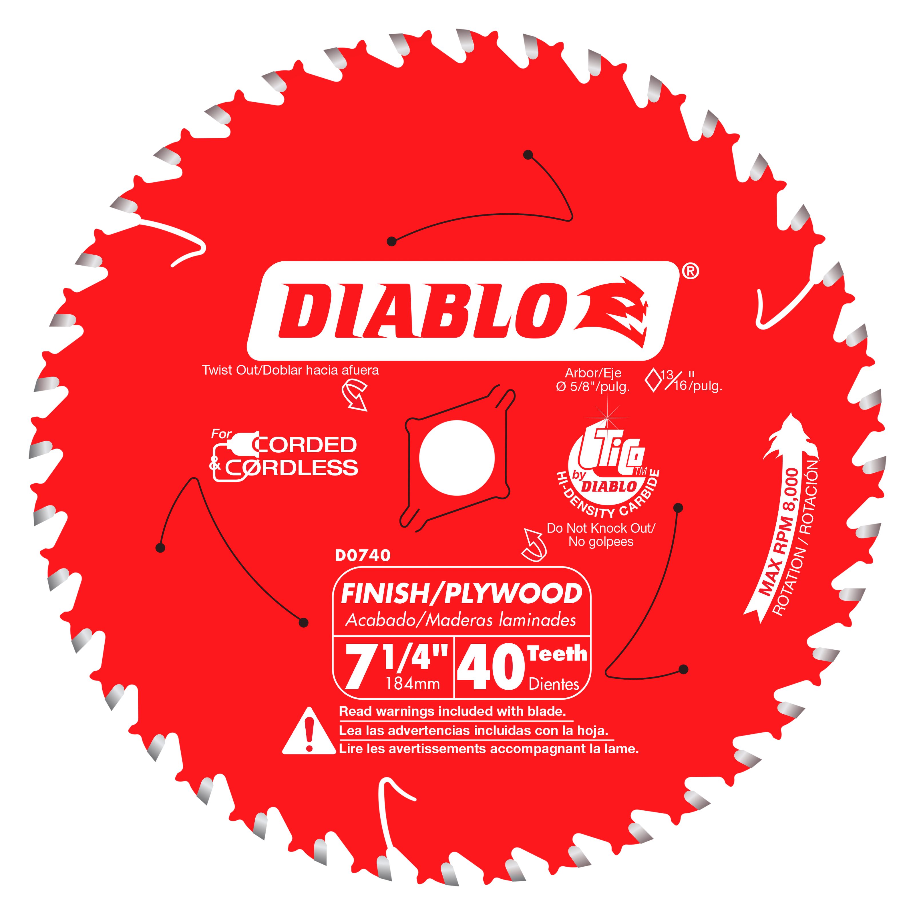 Red circular saw blade with 40 teeth and gray tooth tips, labeled Diablo D0740, marked for finish/plywood cutting.