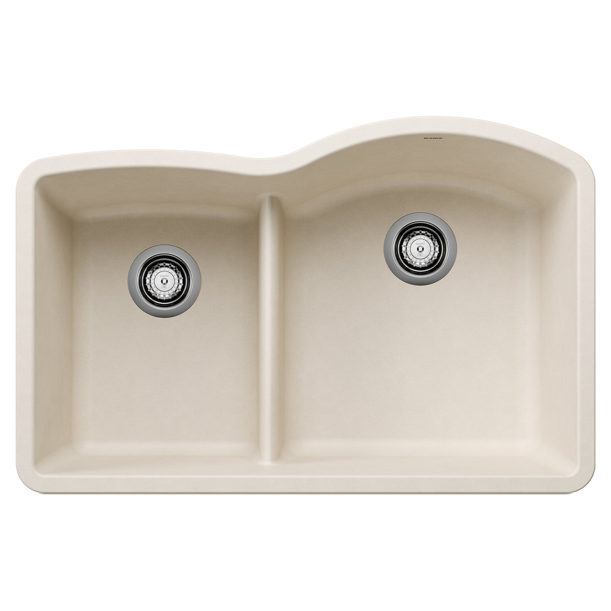 Soft white double-basin undermount sink with low divider and chrome drain strainers.